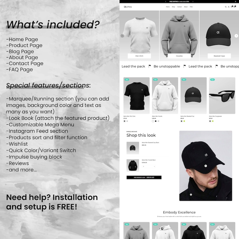 May include: A website screenshot displaying a range of clothing and accessories, including t-shirts, hoodies, baseball caps, and sunglasses. The website is called "OLPHA" and features the text "Lead the pack" and "Be unstoppable".