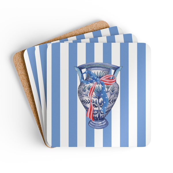 Patriotic Bow Chinoiserie Blue & White Coaster Set of 4 Grandmillennial Hostess Gift for Housewarming Traditional Home Gift