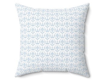 Preppy Blue Indian-inspired Block Print Grandmillennial Style Trendy Cute Throw Pillow for Summer or All Season Style