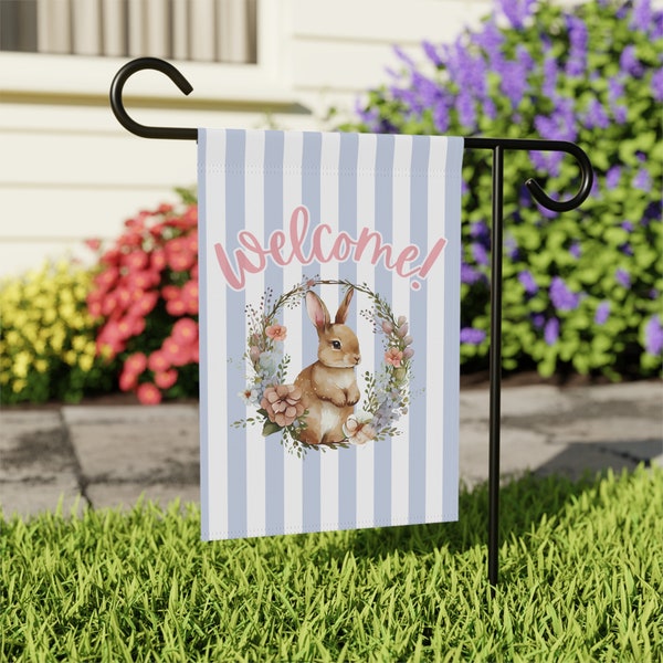 Grandmillennial Easter Bunny Wreath Banner for Garden Preppy Welcome Flag for Front Door Walkway Banner to Welcome Guests