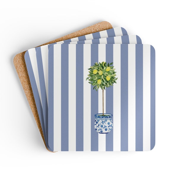 Lemon Topiary Chinoiserie Blue and White Coaster Set of 4 Grandmillennial Hostess Gift for Housewarming Traditional Home Gift