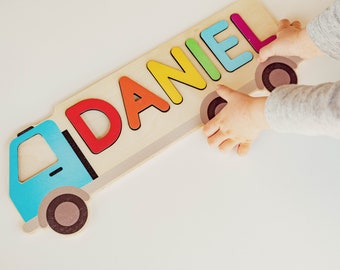 Personalized Wooden Name Puzzle Truck Shapes, Nursery Decor, Custom Baby Name Puzzle, Personalized Baby Shower Gifts, Baby Shower Decoration