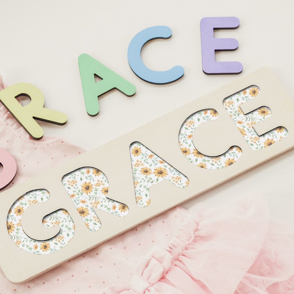 Baby Name Puzzle with Floral Pattern, Personalized Wooden Name Puzzle, Baby Girl Nursery Decor, 1st Birthday Gift for Baby, Easter Gifts