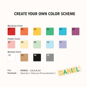 May include: A chart with 15 color swatches, labeled with numbers 1 through 15. The chart is titled "Create Your Own Color Scheme". The colors are divided into three categories: Rainbow Color, Pastel Color, and Neutral Color. The chart also includes an example of how to use the color swatches to create a color scheme, using the name "DANIEL" and the numbers 3, 4, 3, 4, 3, 4.