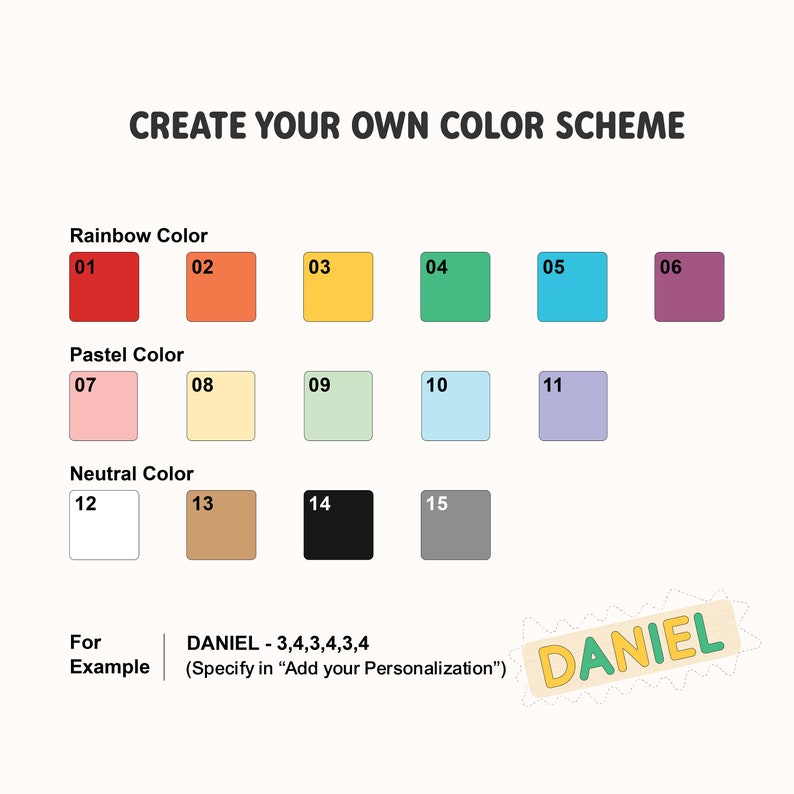 May include: A chart with 15 color swatches, labeled with numbers 1 through 15. The chart is titled "Create Your Own Color Scheme". The colors are divided into three categories: Rainbow Color, Pastel Color, and Neutral Color. The chart also includes an example of how to use the color swatches to create a color scheme, using the name "DANIEL" and the numbers 3, 4, 3, 4, 3, 4.