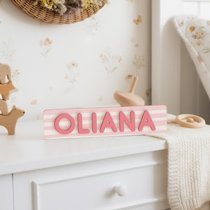 Baby Name Puzzle Sign with Pink Stripes, Personalized Wooden Name Puzzle, Baby Girl Nursery Decor, 1st Birthday Gift for Baby, Easter Gifts