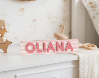 Baby Name Puzzle Sign with Pink Stripes, Personalized Wooden Name Puzzle, Baby Girl Nursery Decor, 1st Birthday Gift for Baby, Easter Gifts