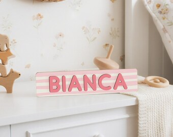 Baby Name Puzzle Sign with Pink Stripes, Personalized Wooden Name Puzzle, Baby Girl Nursery Decor, 1st Birthday Gift for Baby, Easter Gifts