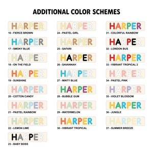 May include: A chart with 37 different color schemes for the name "Harper". Each color scheme is displayed in a rectangular box with the name "Harper" in a different color combination. The number and color scheme name are listed below each box.