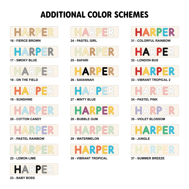 May include: A chart with 37 different color schemes for the name "Harper". Each color scheme is displayed in a rectangular box with the name "Harper" in a different color combination. The number and color scheme name are listed below each box.