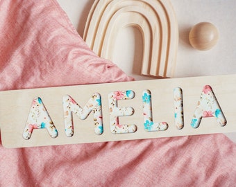 Wooden Name Puzzle for Nursery Decor,Floral Kids Room Decor for Toddlers, Baby, Custom Kids Name Puzzle, 1st Birthday Gifts for Girls