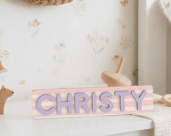 Baby Name Puzzle Sign with Pink Stripes, Personalized Wooden Name Puzzle, Baby Girl Nursery Decor, 1st Birthday Gift for Baby, Easter Gifts