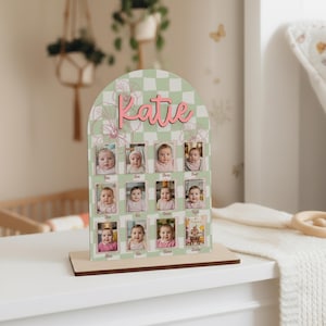 My First Year One Year of Photo Board with Stand, 1st Birthday Wooden Milestone Board, First Birthday Decorations 12 Months Photo Banner