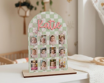 My First Year One Year of Photo Board with Stand, 1st Birthday Wooden Milestone Board, First Birthday Decorations 12 Months Photo Banner