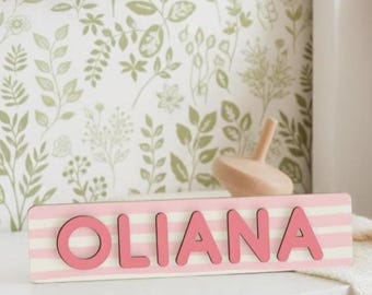 Baby Name Puzzle Sign with Pink Stripes, Personalized Wooden Name Puzzle, Baby Girl Nursery Decor, 1st Birthday Gift for Baby, Easter Gifts