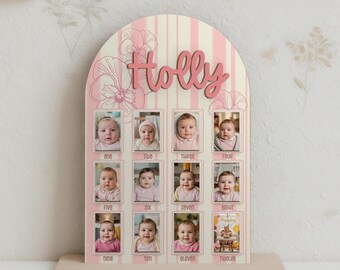 My First Year One Year of Photo Board with Stand, 1st Birthday Wooden Milestone Board, First Birthday Decorations 12 Months Photo Banner
