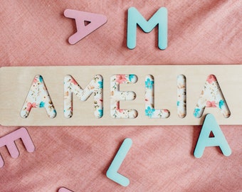 Wooden Name Puzzle New Mom Gift for Girl WildFlower Kids Room Decor for Toddlers, Baby, Custom Kids Name Puzzle, 1st Birthday Gifts