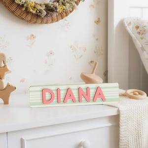 Baby Name Puzzle Sign with Green Stripes, Personalized Wooden Name Puzzle, Baby Girl Nursery Decor, 1st Birthday Gift for Baby, Easter Gifts