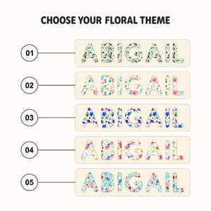 May include: Five different floral designs for the name Abigail. Each design features a different floral pattern in shades of pink, blue, green, and white.