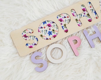 Personalized Wooden Name Puzzle, Baby Shower Gifts, Purple Floral Baby Name Puzzle, Personalized Baby Shower Gifts, Baby Shower Decoration