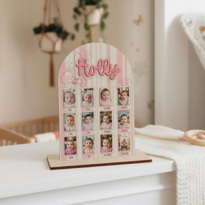 My First Year One Year of Photo Board with Stand, 1st Birthday Wooden Milestone Board, First Birthday Decorations 12 Months Photo Banner