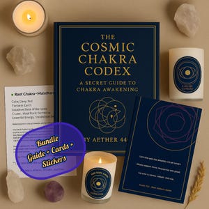 May include: A collection of spiritual items, including a navy blue book titled "The Cosmic Chakra Codex," candles, cards, and stickers. The book has gold lettering and geometric designs. The candles have geometric designs and text. The bundle includes a guide, cards, and stickers.
