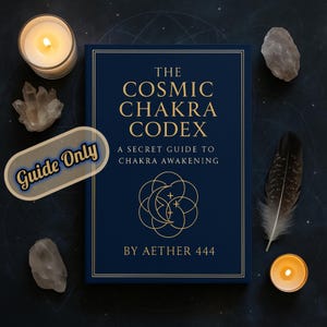 May include: A dark blue book titled "The Cosmic Chakra Codex" with gold lettering, a secret guide to chakra awakening, by Aether 444. The image includes a lit candle, crystals, a feather, and a "Guide Only" sticker.