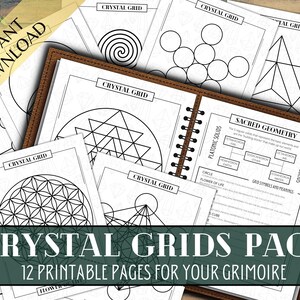 May include: A printable pack of 12 crystal grid designs for use in a grimoire. The designs include geometric shapes, such as circles, triangles, and squares, as well as the Flower of Life pattern. The pack also includes a page with information about sacred geometry and platonic solids.