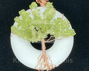 Copper wire Tree of Life pendant with Peridot leaves