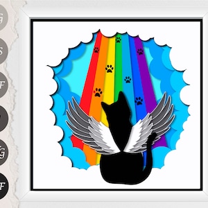 May include: A framed art print featuring a black cat silhouette with angel wings, set against a rainbow and paw prints. The background has a layered cloud design. The image includes file type icons: SVG, EPS, DXF, AI, PNG, and PDF.