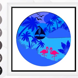 May include: A framed, layered paper art piece featuring a tropical beach scene. The artwork is primarily blue, with a sailboat, palm trees, and two pink flamingos. The frame includes file type icons: SVG, EPS, DXF, AI, PNG, and PDF.