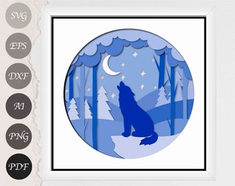 Wolf Shadow Box SVG, Wolves Laser Cut Paper Cut Template files, 3D Paper Cut Light Box SVG for Cricut and Silhouette