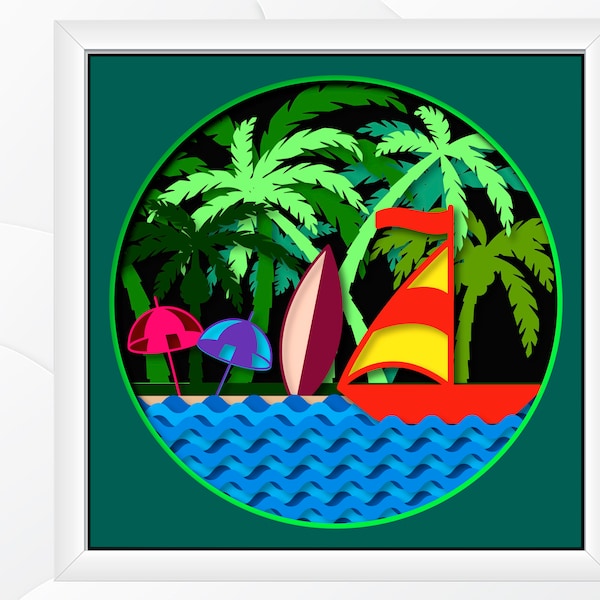 Beach Scene Shadow Box SVG - Layered Digital Cut File