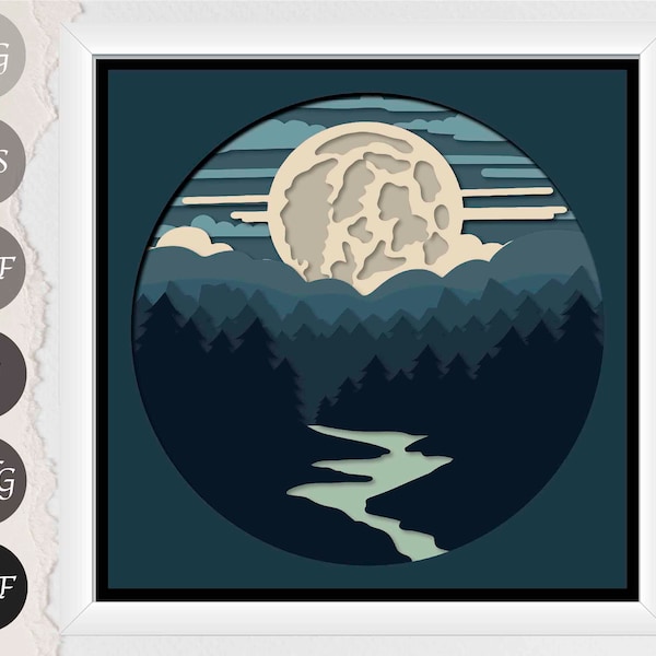 Forest Shadow Box SVG, Night in Forest Paper Cut Template files for Cricut and Silhouette, Moon Light Box Paper Cut Template