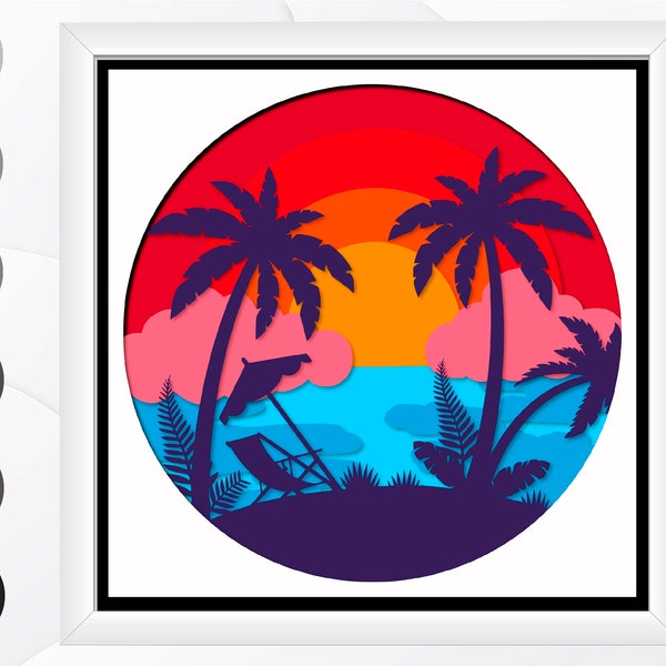 3d Beach Sunset Shadow Box SVG, 3d Beach Layered SVG files for Cricut Cardstock svg, Paper Cut Svg, Palm Beach scene svg