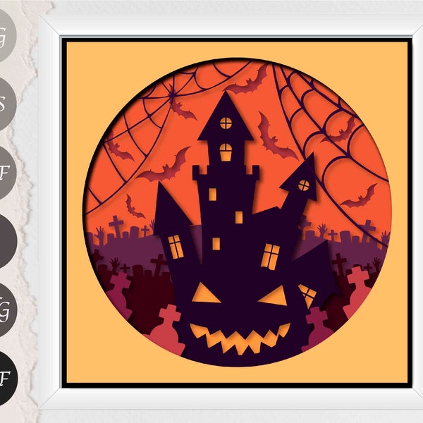 Pumpkin Castle Halloween Shadow Box SVG, Spooky Midnight Light Box Paper Cut Template for Cricut and Silhouette