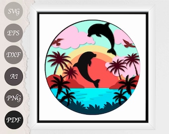 Dolphin Shadow Box SVG, 3D Paper Cut Light Box Template, Beach Shadow Box Layered Paper Art for Cricut and Silhouette