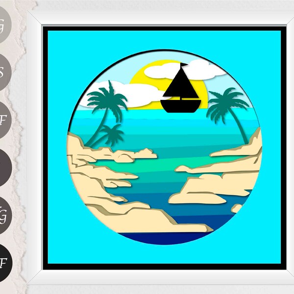 Beach Landscape Shadow Box SVG, 3D Summer Shadow Box SVG, Cardstock SVG files For Cricut and Silhouette