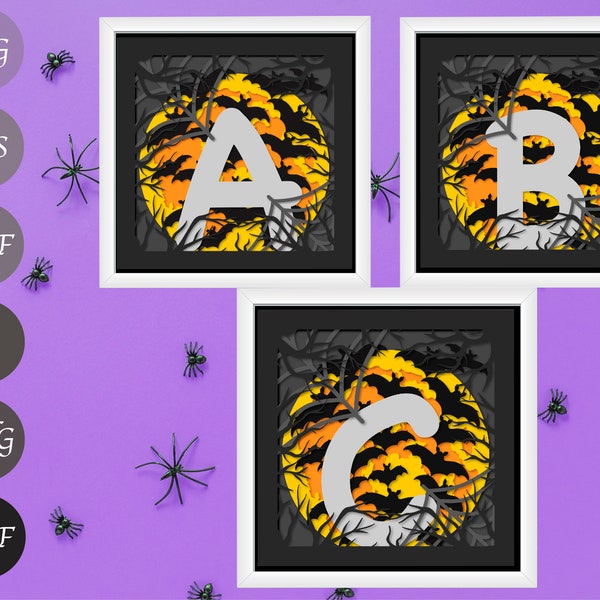 Halloween Alphabet Shadow Box SVG, All letters A-Z, Paper Cut Template SVG, Halloween Light Box SVG, Spooky Layered Paper Cut Templates