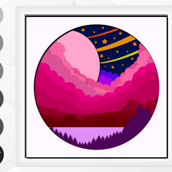 Fantasy Cloudy Sky Shadow Box SVG, Landscape LightBox SVG Paper Cut Template, Layered CardStock Cut File for Cricut and Silhouette