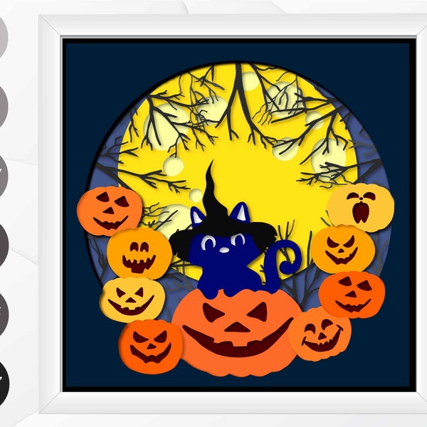 Cat Halloween Shadow Box SVG, Halloween Light Box Paper Cut Template, Layered Card Stock Cut files For Cricut and Silhouette