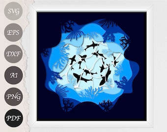 海のシャドーボックス SVG、海の生き物のライトボックス、切り絵のライトボックス SVG テンプレート、サメのシャドーボックス SVG