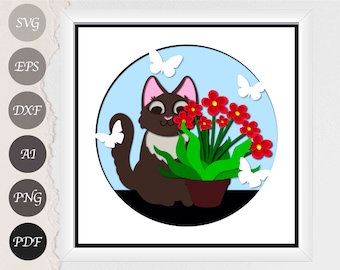 Spring Cat Shadow Box SVG, Cat Layered Paper Art Template, Spring Light Box Template, Cricut y Silhouette files SVG