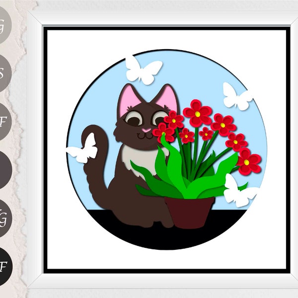 Spring Cat Shadow Box SVG, Cat Layered Paper Art Template, Spring Light Box Template, Cricut and Silhouette files SVG