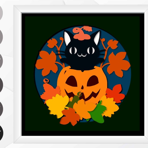 Halloween Cat with Pumpkin Shadow Box SVG, Halloween Paper Cut Light Box Template, 3D Black Cat SVG Decor for Halloween, Cat Layered files