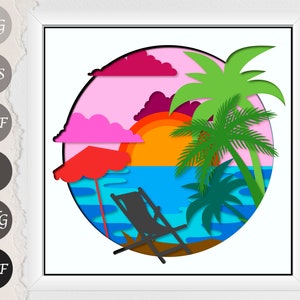 May include: A vibrant paper cut illustration depicting a beach scene. The artwork includes a sunset over the sea, palm trees, a deckchair, and a parasol. The image is framed in white, with file type icons on the left.
