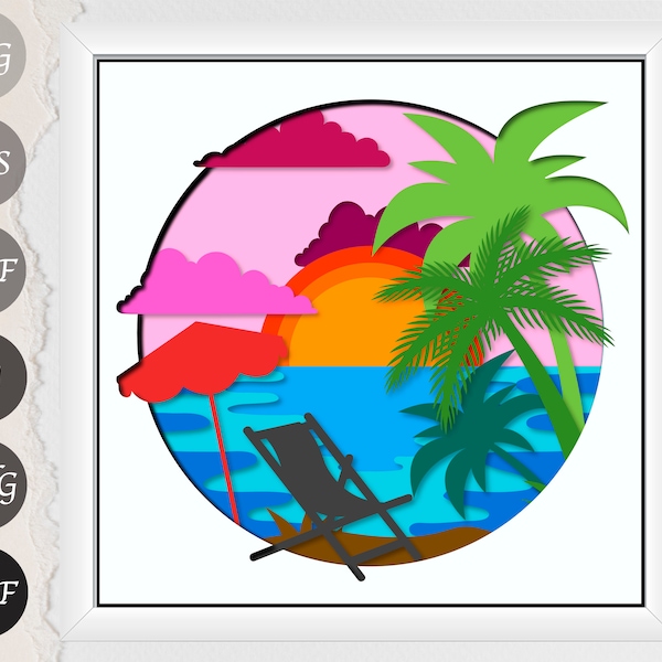 Beach Sunset Shadow Box SVG - Beach Layered Lightbox and paper art for Cricut and Silhouette