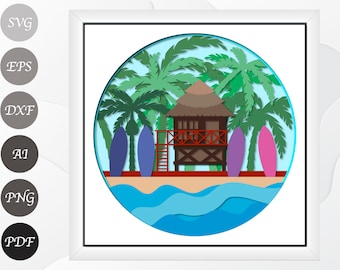 Beach Shadow Box SVG - Beach House Layered SVG - Cricut and Silhouette Files