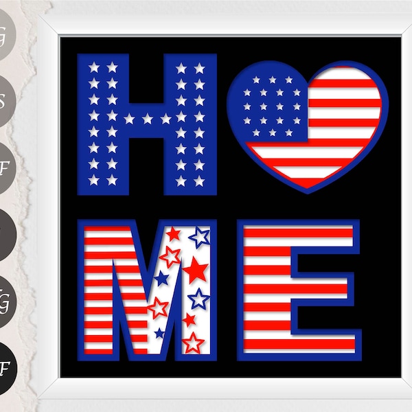 Home USA Shadow Box SVG, 3D America Light Box Paper Cut Template, Freedom Patriotic Shadow Box SVG for Cricut and Silhouette