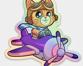 Prop Plane Cat Holographic Sticker